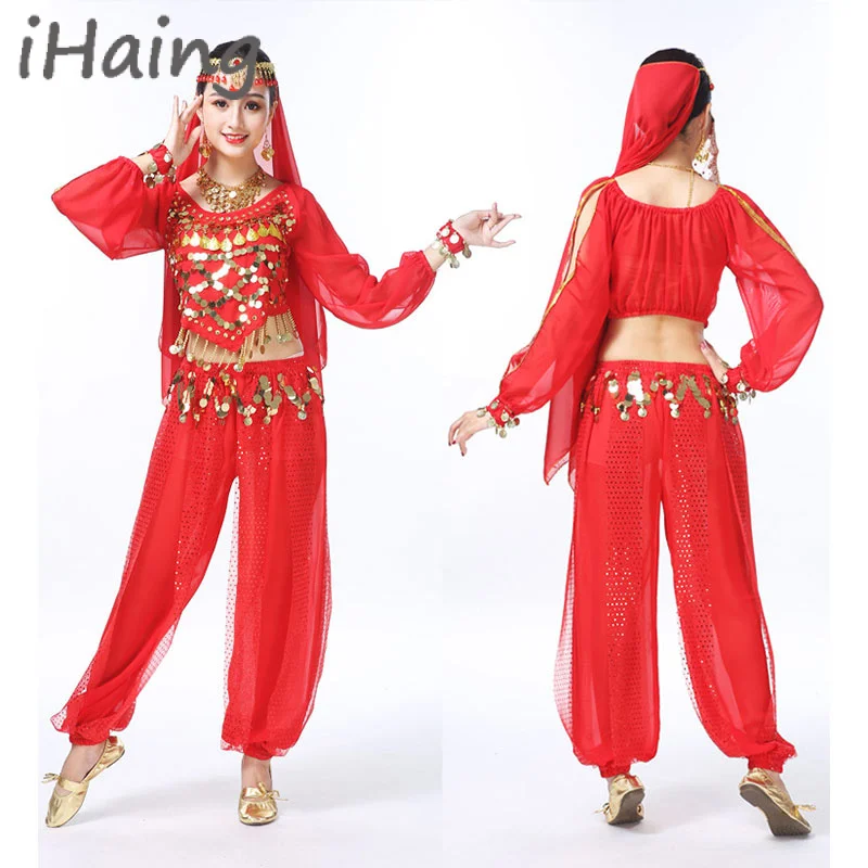 Women India Belly Dance Costume Oriental Halloween Top Pants Adult Dancewaer Bollywood Outfit with Head Veil Female Lesson Class