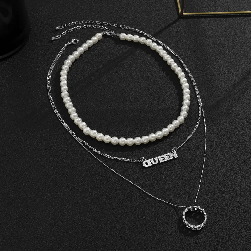 Three layer stack choker pearl chain letter pendant fashion neck jewelry fit men dating street daily outfits