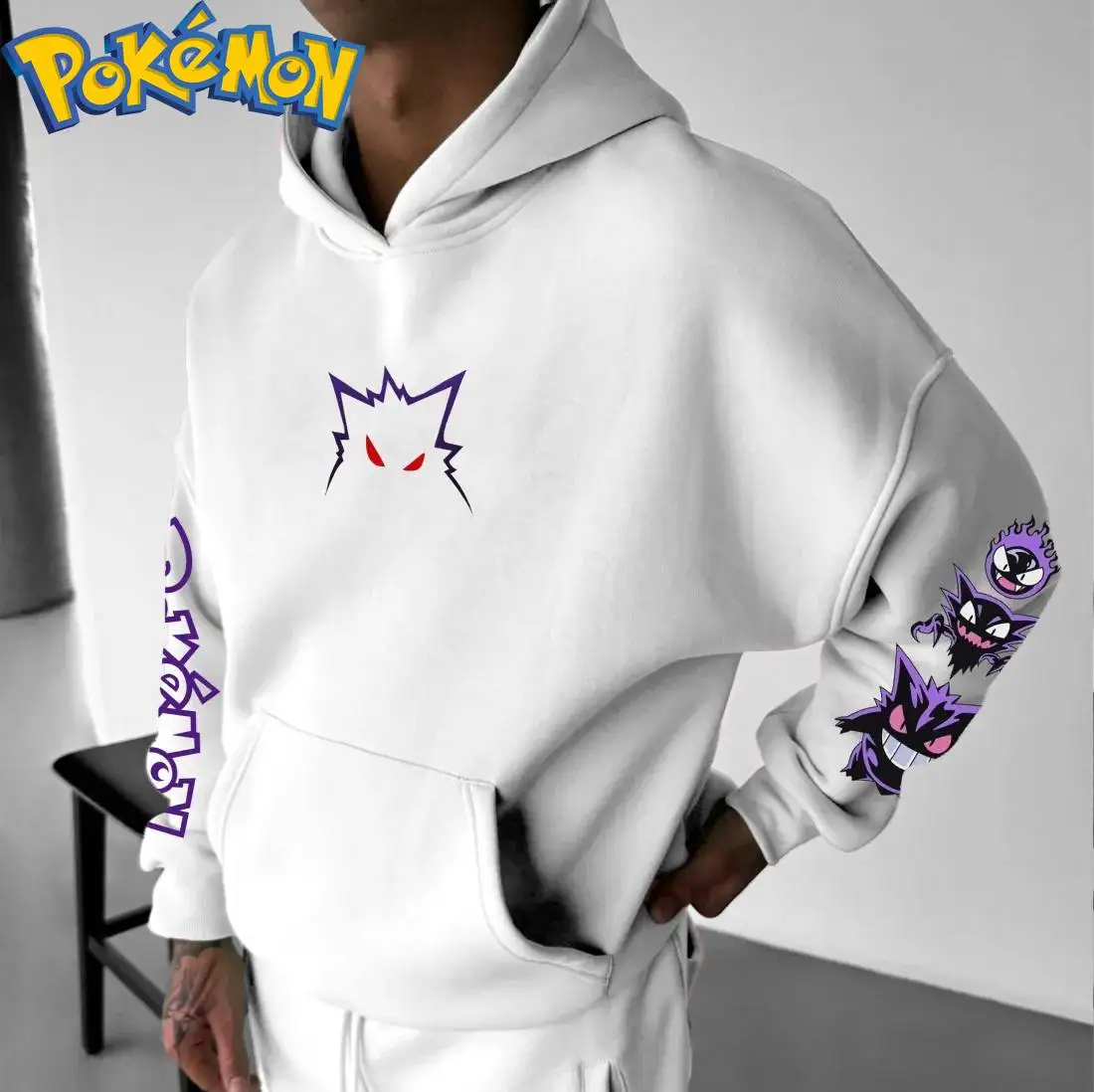Pokemon Anime Gengar und Pikachu Baumwolle Hoodie Harajuku Hosen Set Multi Charakter Druck Zwei Stück Outfit Weiße Farbe Casual