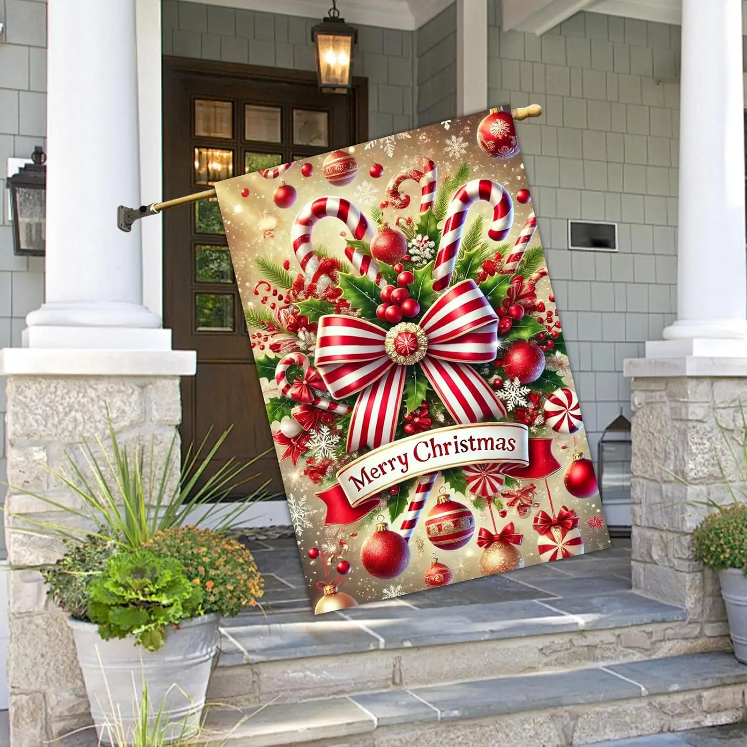 عيد ميلاد سعيد منزل العلم 28x40 بوصة مزدوجة الوجهين حديقة العلم مع قصب الحلوى القوس الأحمر والحلي لقضاء عطلة ساحة حظر JHH #5