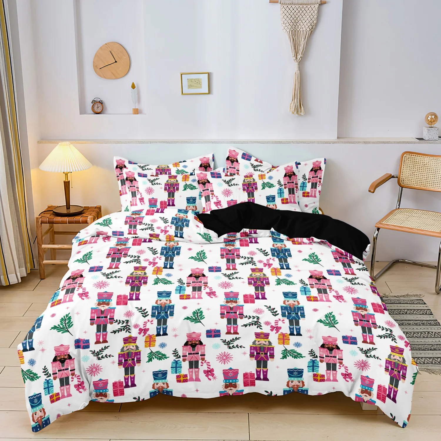 3Pcs Colorful Nutcracker Soldiers Gift Boxes Pine Leaves and Snowflake Print Duvet Cover Set, Nutcracker Christmas Bedding