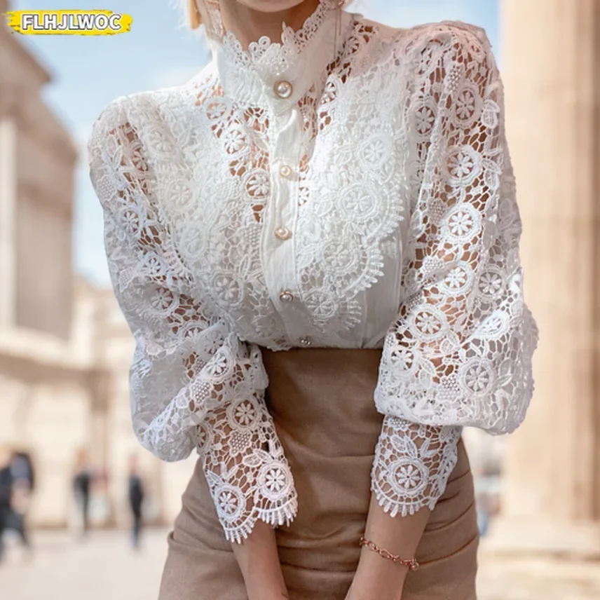 Ruffles Half Turtleneck Cotton Lace Tops Women 2024 Korea Style France Design Long Sleeve Elegant Office Lady Basic Shirt Blouse