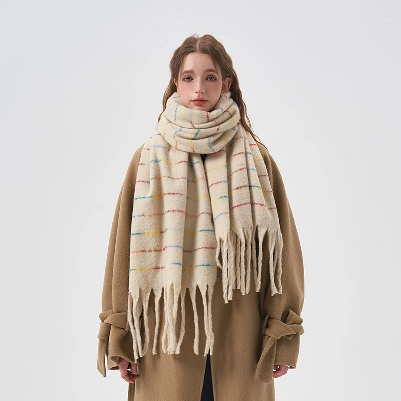 2023 Winter Plush  Thickened  Keep Warm Gradient Simple Color Colored Stripe Scarf Retro Tassel Women Collar Shawl Long Scarf