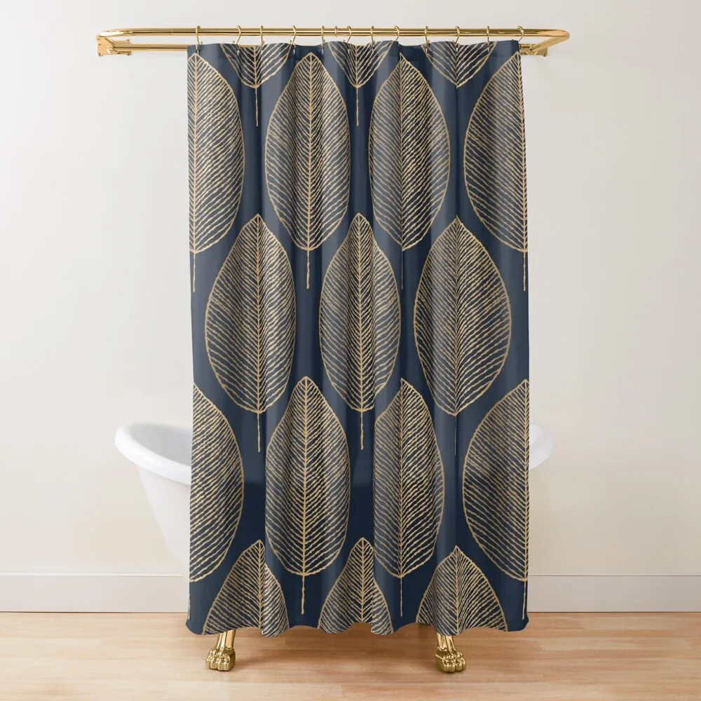 

Luxurious Elegant Golden Leaves Navy Blue Shower Curtain For Bathrooms With Beautiful Designs Cover Curtain
