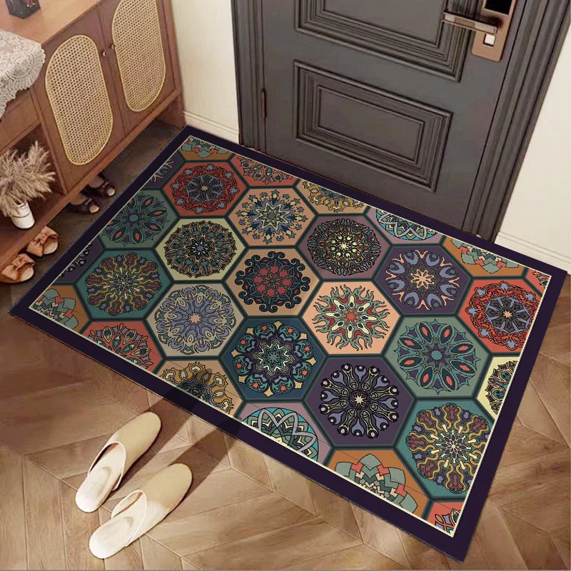 

VIKAMA Retro Ethnic Style Flannel Floor Mat Non-Slip Soft Entry Door Mat Bathroom Bathroom Floor Mats Home Decoration