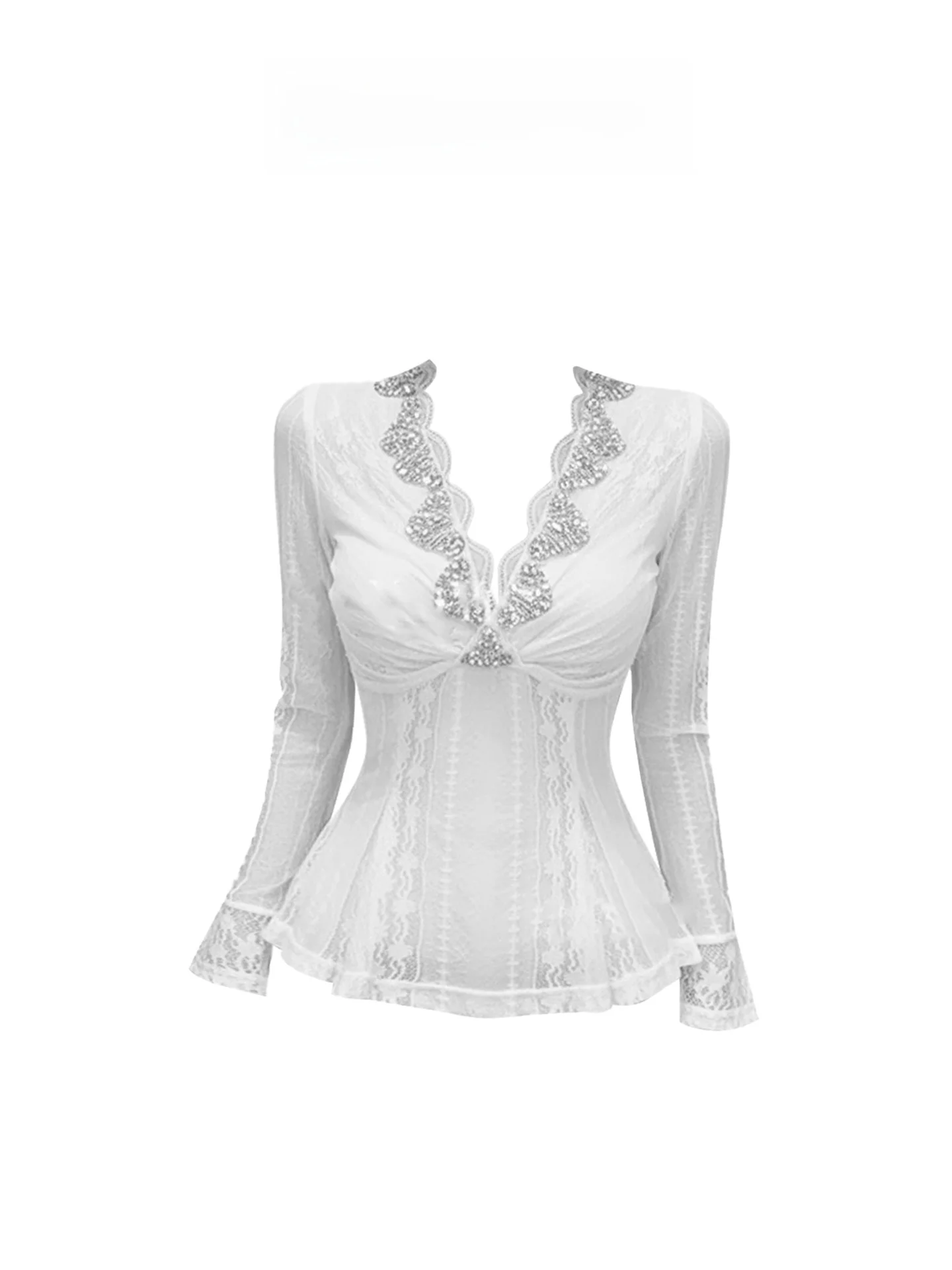 

Slimming Effect Heavy Embellied V-ne Top Women's Winter Design Waist-cinching Base irt French Sle Bell Sve T-irt