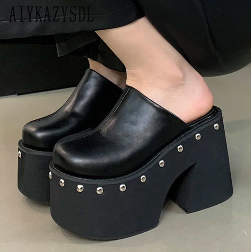 

AIYKAZYSDL Round Toe Women Pumps Rivets Studs Punk Thick Sole Platform High Heel Wedge Shoes Mules Slippers Slides Plus Size 42