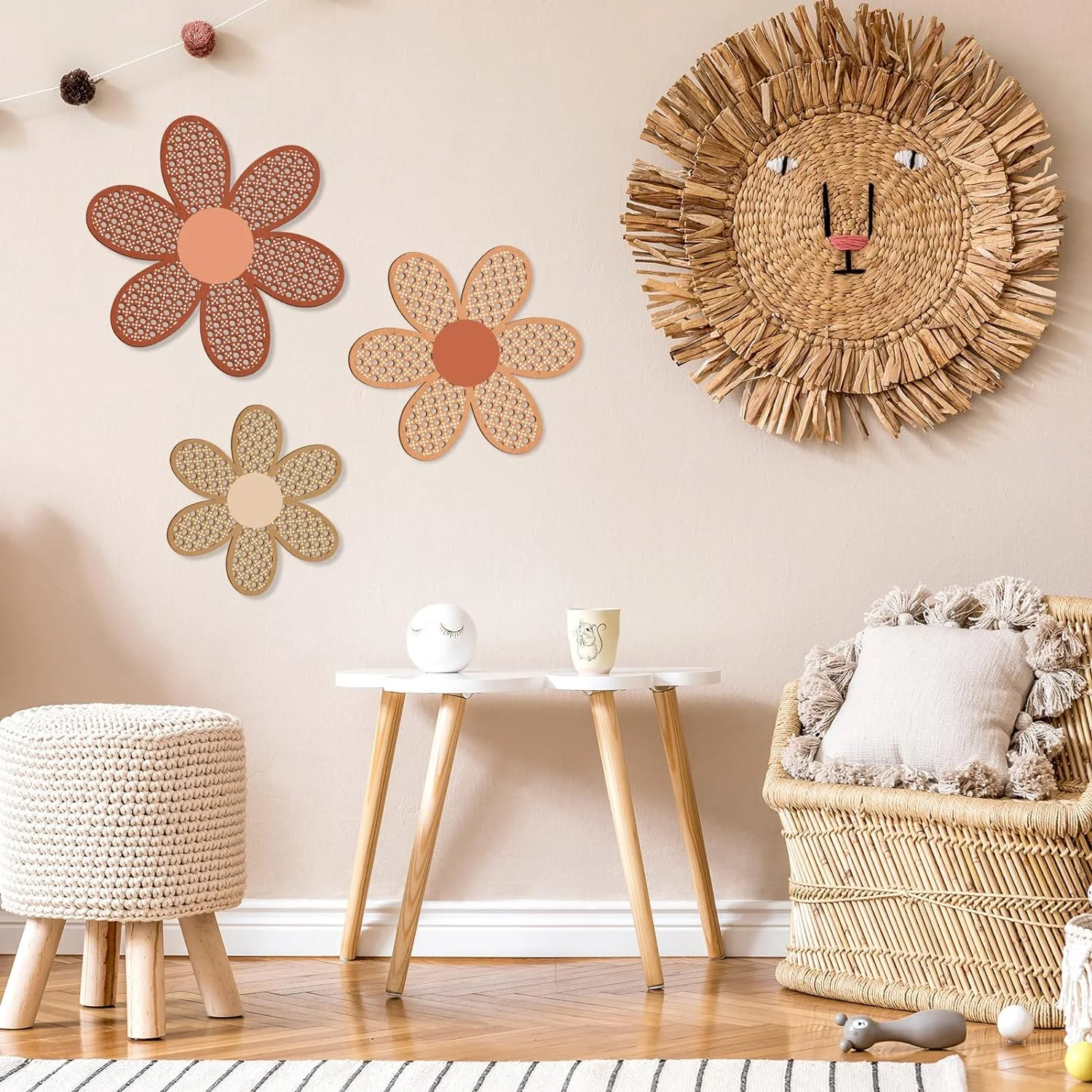 3 Pièces Décoration Murale Bohème Marguerite en Rotin Naturel, Art Mural Suspendu en Bois, Fleurs Bohèmes pour Crèche, Décoration Murale Style Ferme