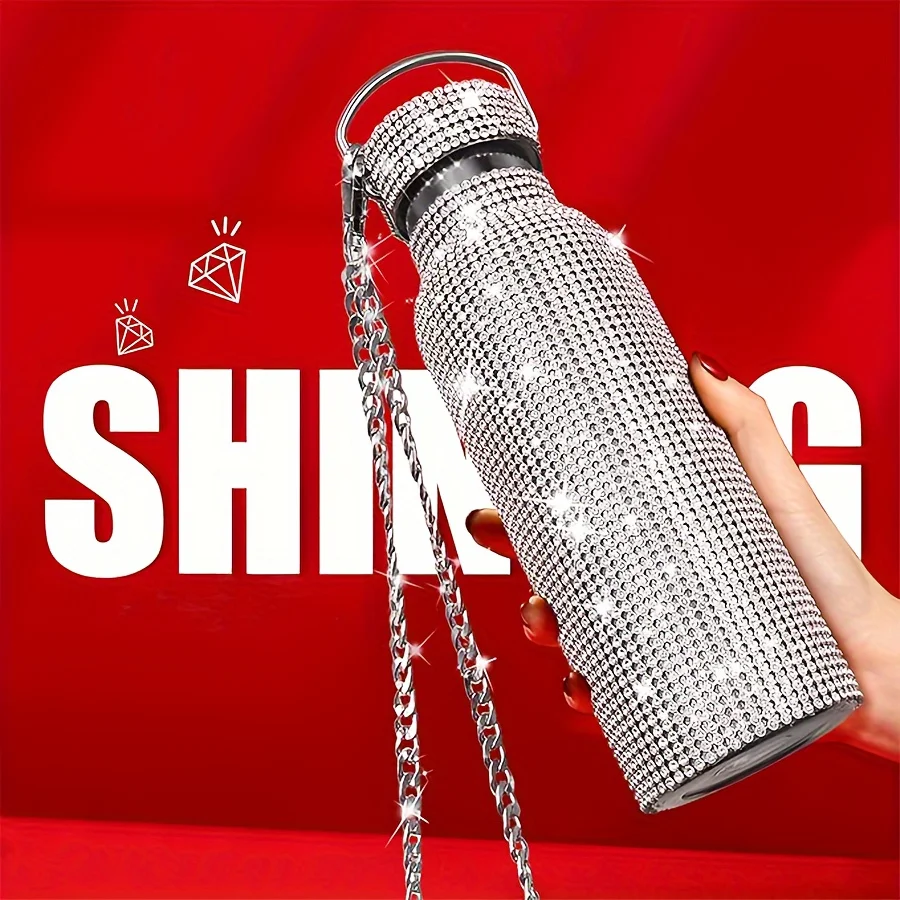 1pc, Sparkling Studded Vacuum Flask With Chain, 500ml/17oz Double Walled Insulated Water Bottles, Shiny Travel Thermal Cups, For