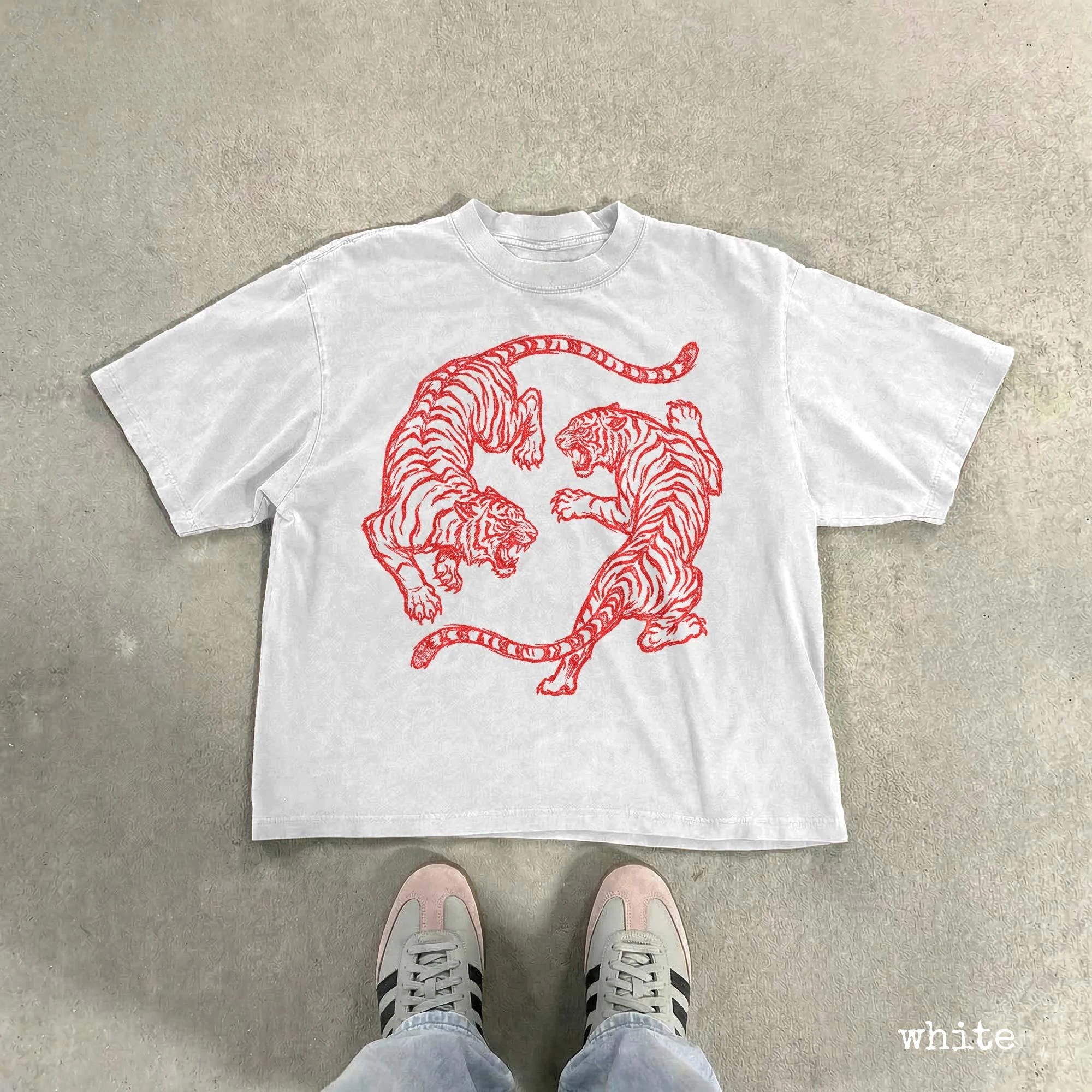 Summer Women's Vintage Fighting Tigers Print T-shirt Streetwear Oversized Loose Casual Short Sleeve Suitable for All Seasons