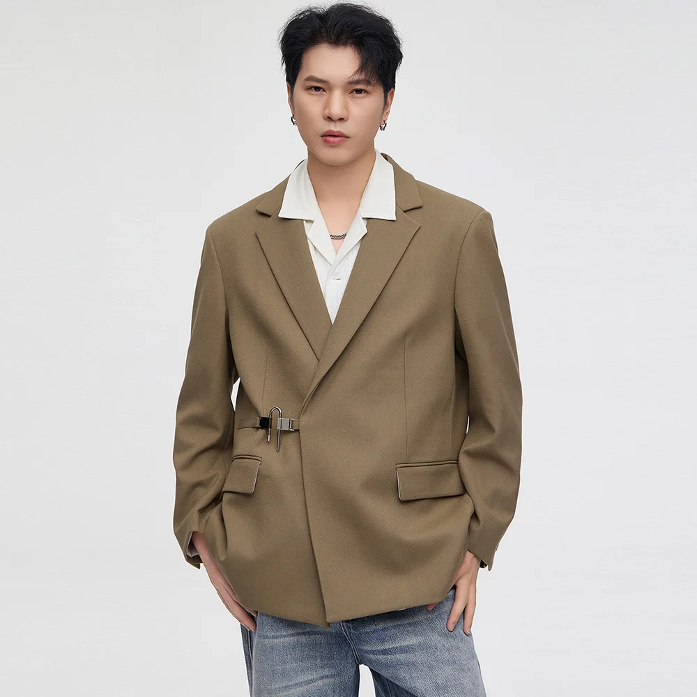 Metal Buckle Blazers Men Brand High Fashion Vintage Loose Casual Suit Blazer Jacket Commuter Business Party Dress Blazers Coat