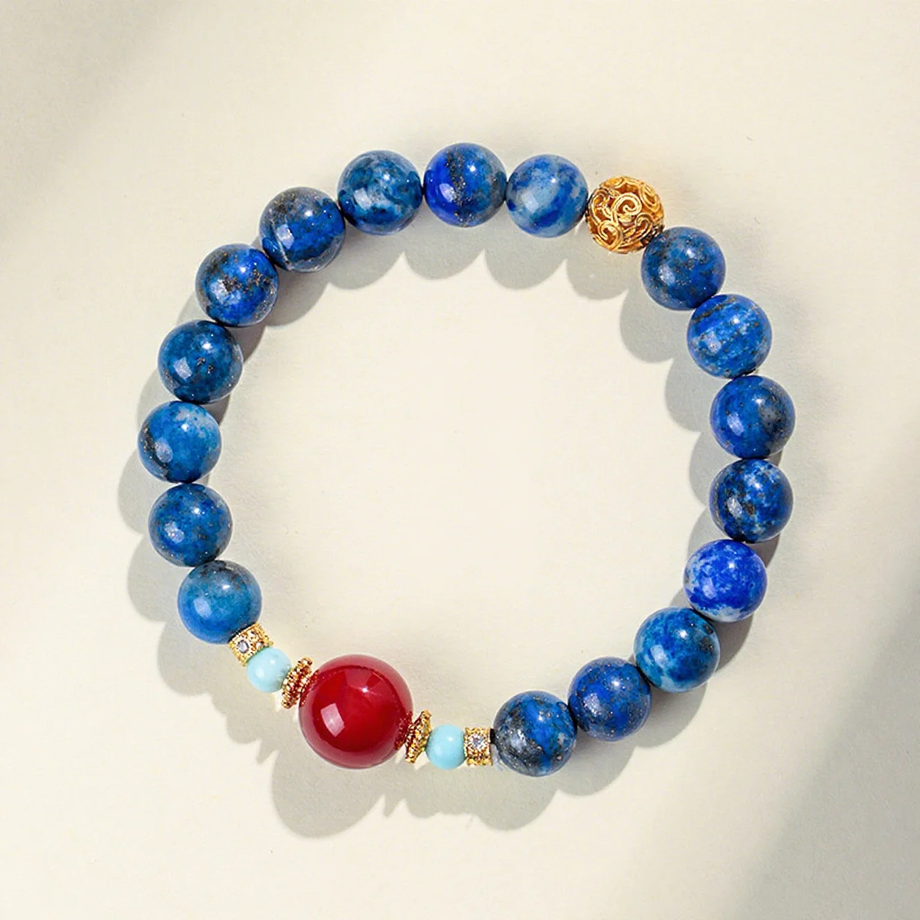 

9MM Natural Lapis Lazuli Red Agate Stones Beaded Bracelets for Women Vintage Gold Color Hollow Ball Charm Hand Bangle Gifts 1601