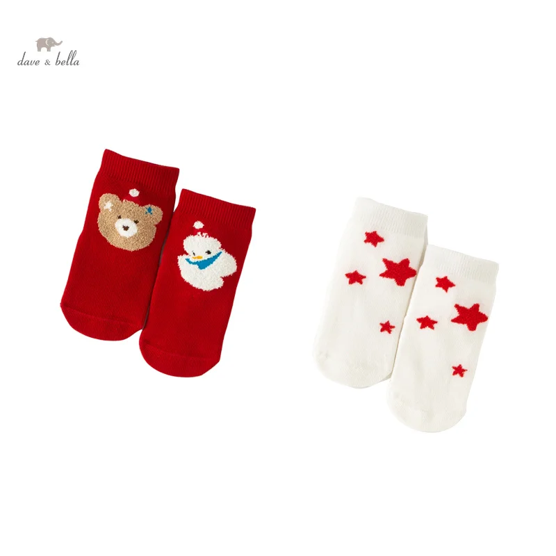 Dave Bella 2 Pairs Baby Christmas Socks Soft Cotton Kids High Socks Infant Toddler Baby Boys Girls Cute Socks DB4237408