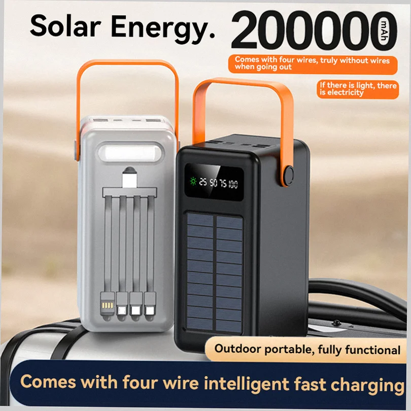 

200000mAh Solar Panel Power Bank Fast charging Power Station with Four Wire External Battery Pack with Flashlight For Outdoors