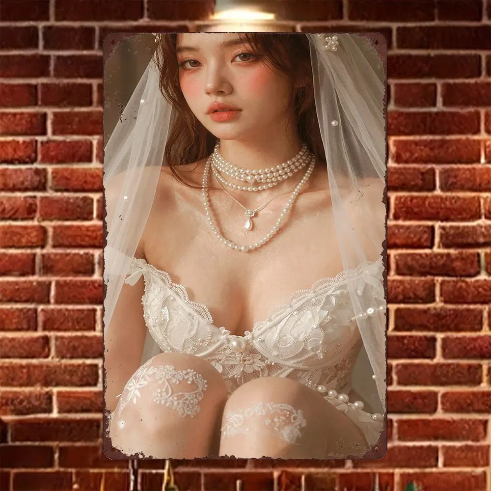 2026  Tin Sign Vintage Asian Girl in White Lace Bridal Lingerie with Pearl Veil & Necklaces Metal Wall Art Retro Decor for Ho
