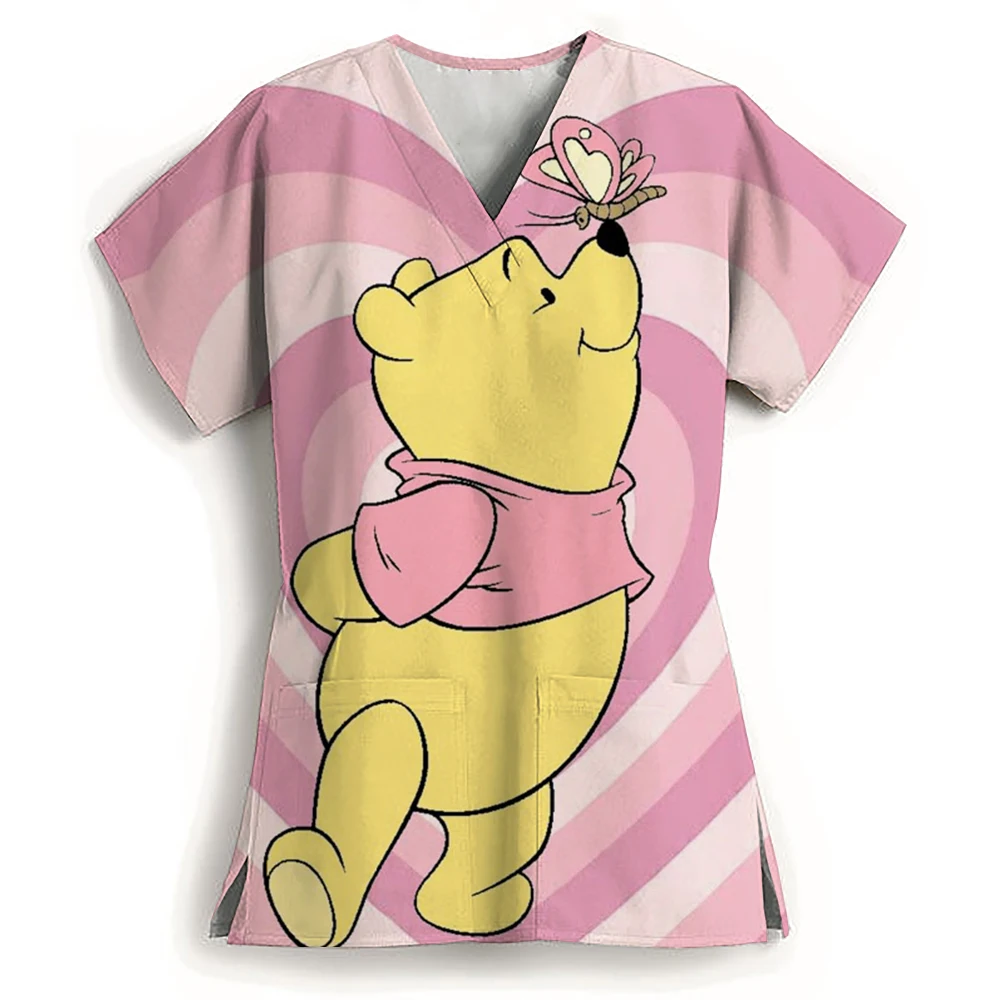 Senhoras enfermeira uniforme com decote em v workwear disney winnie the pooh uniforme de trabalho mulher casual clínica médica blusa de enfermagem camisas