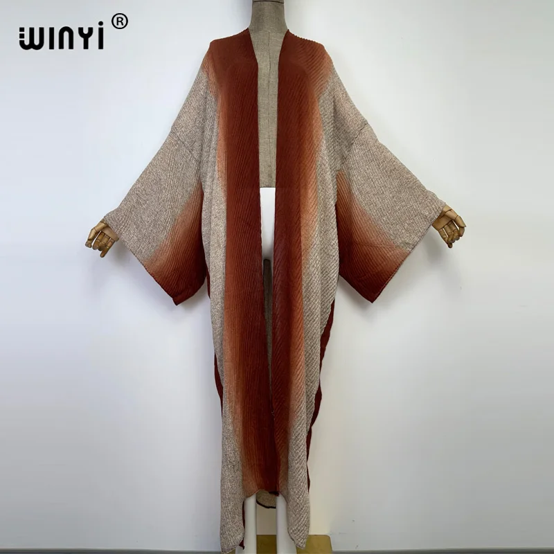 WINYI Gradient color printing cotton Pleated dress Beach Wear elegant Africa women Cardigan Hot Bohemian holiday party Kimono