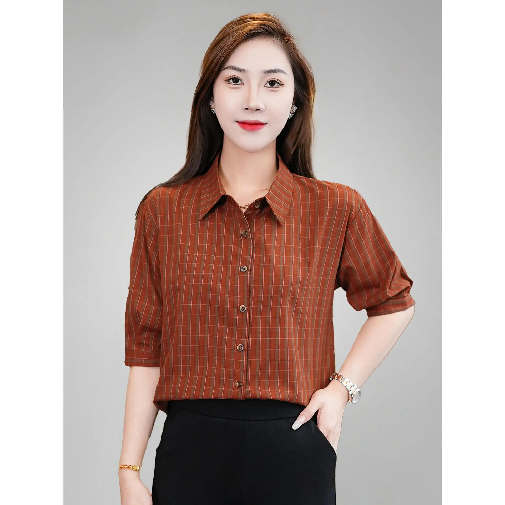 Casual Style Breathable Women's Shirt Mom Style Checkered Flip Collar Summer New Arrival Thin Seven Sleeve Ladies Top