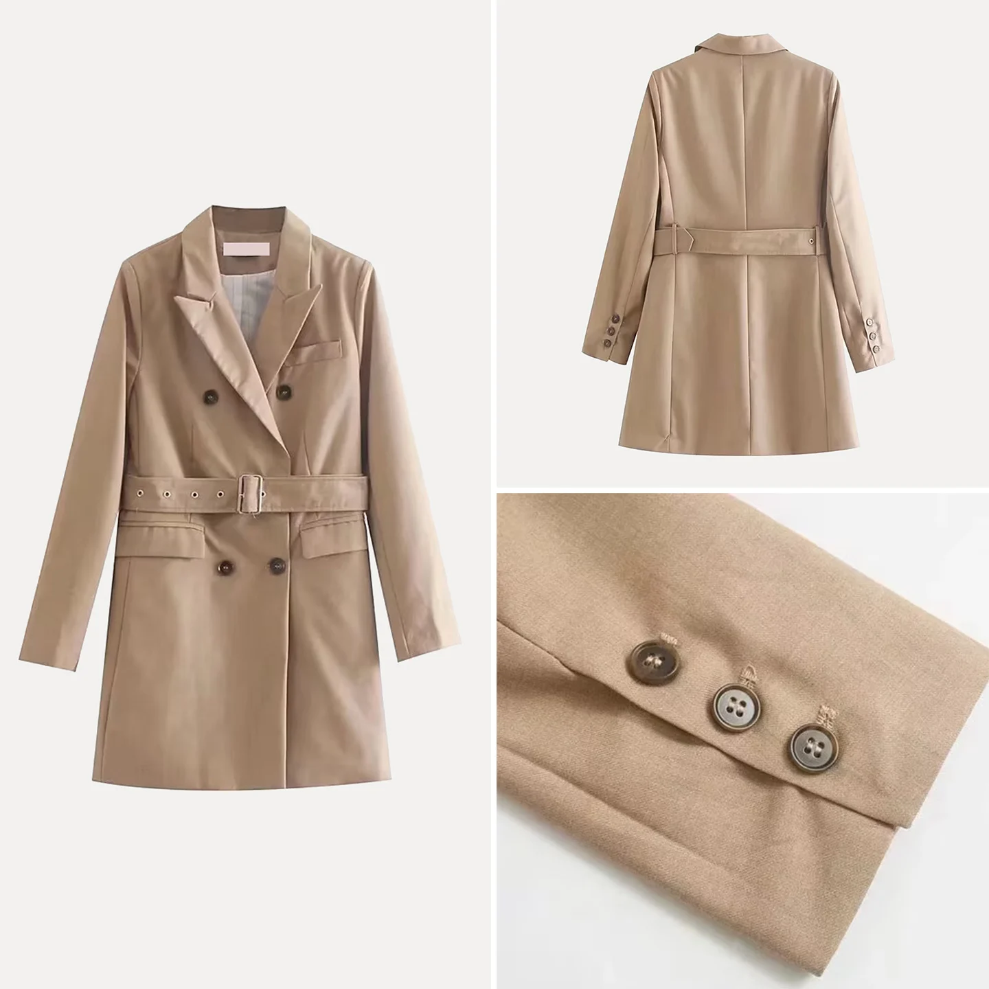 

Новинка осени 2025: Женское модное пальто-пиджак с длинными рукавами, двойной застежкой на пуговицах, поясом и прямым кроем, цветное