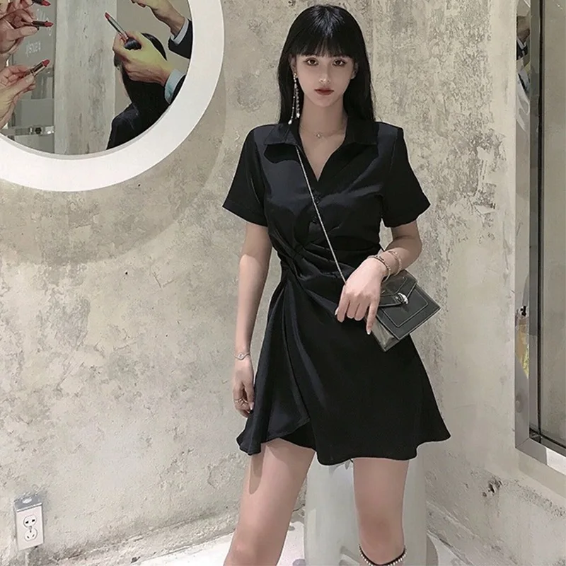 

New Fashion Spring Summer Women Slim Short Sleeve Shirt Dress Office Lady Wrap Hip Mini Skirt Casual Clothing Girl Gift Dr235