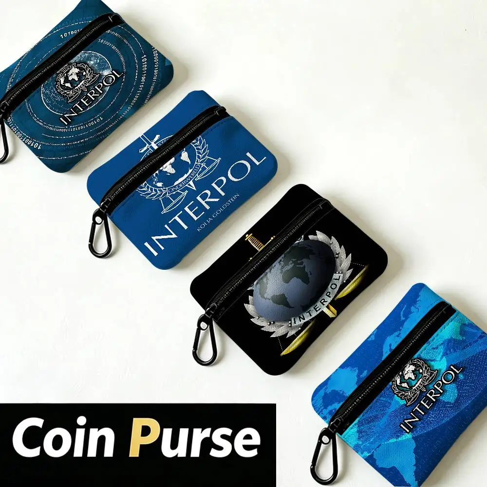 I-Interpol LOGO Lightweight Oxford Fabric Coin Purse With Black Carabiner Hook Card Holder Earphone Storage Pouch