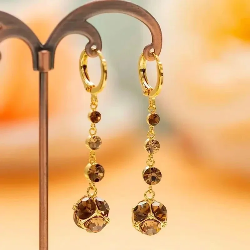 Fashionable Elegant Exquisite Brown Rhinestone Ball Zircon Tassel Earrings For Women Everyday Accessories Party Jewelry Gifts