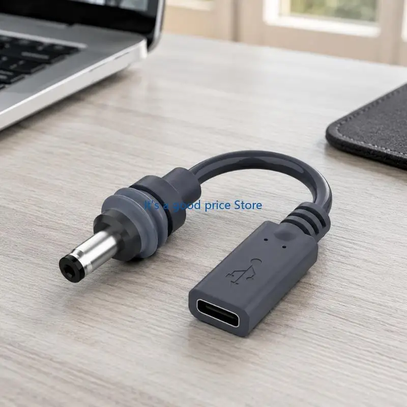 DC5521 Male Power Cable with USB Type C Female Receptacle, Dark Gray PVC Sheathing, and Molded Strain Relief for Direct