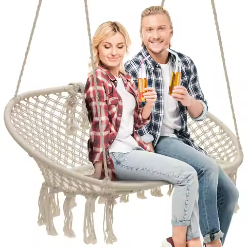 Hammock Chair Macrame Hanging Swing Bench, Perfect for Indoor, Outdoor, Teens Girl Bedroom, Home, Room, Patio, Deck, Yard