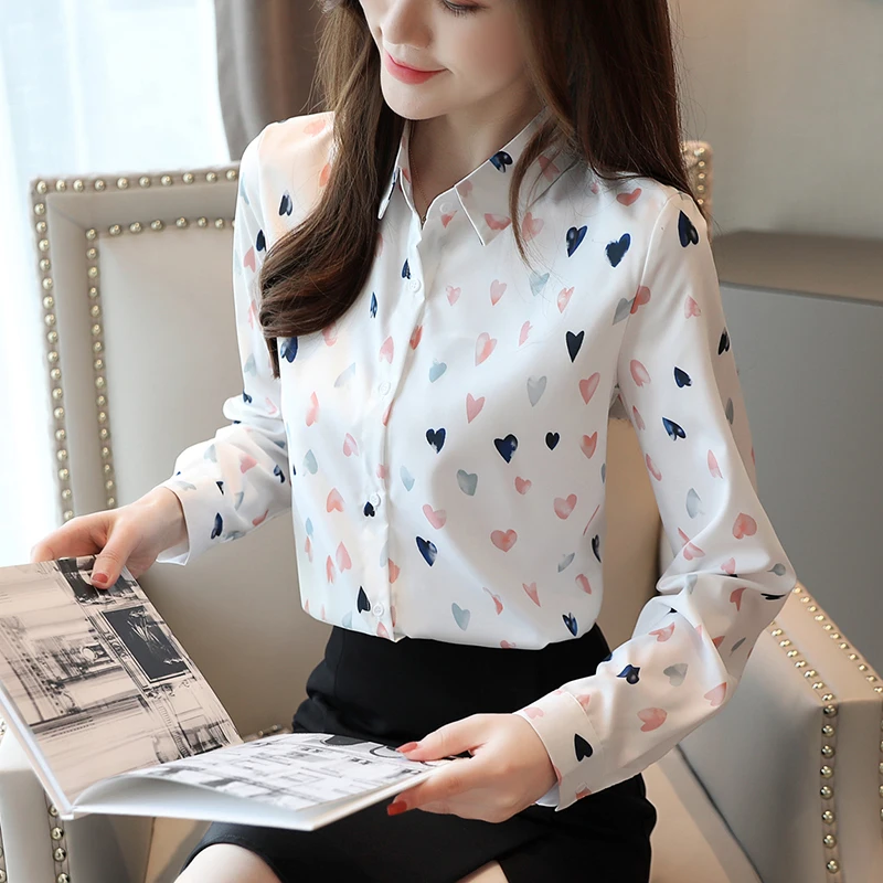 

Осенние новые женские блузки с отложным воротником и длинными рукавами, модная офисная женская шифоновая рубашка с принтом