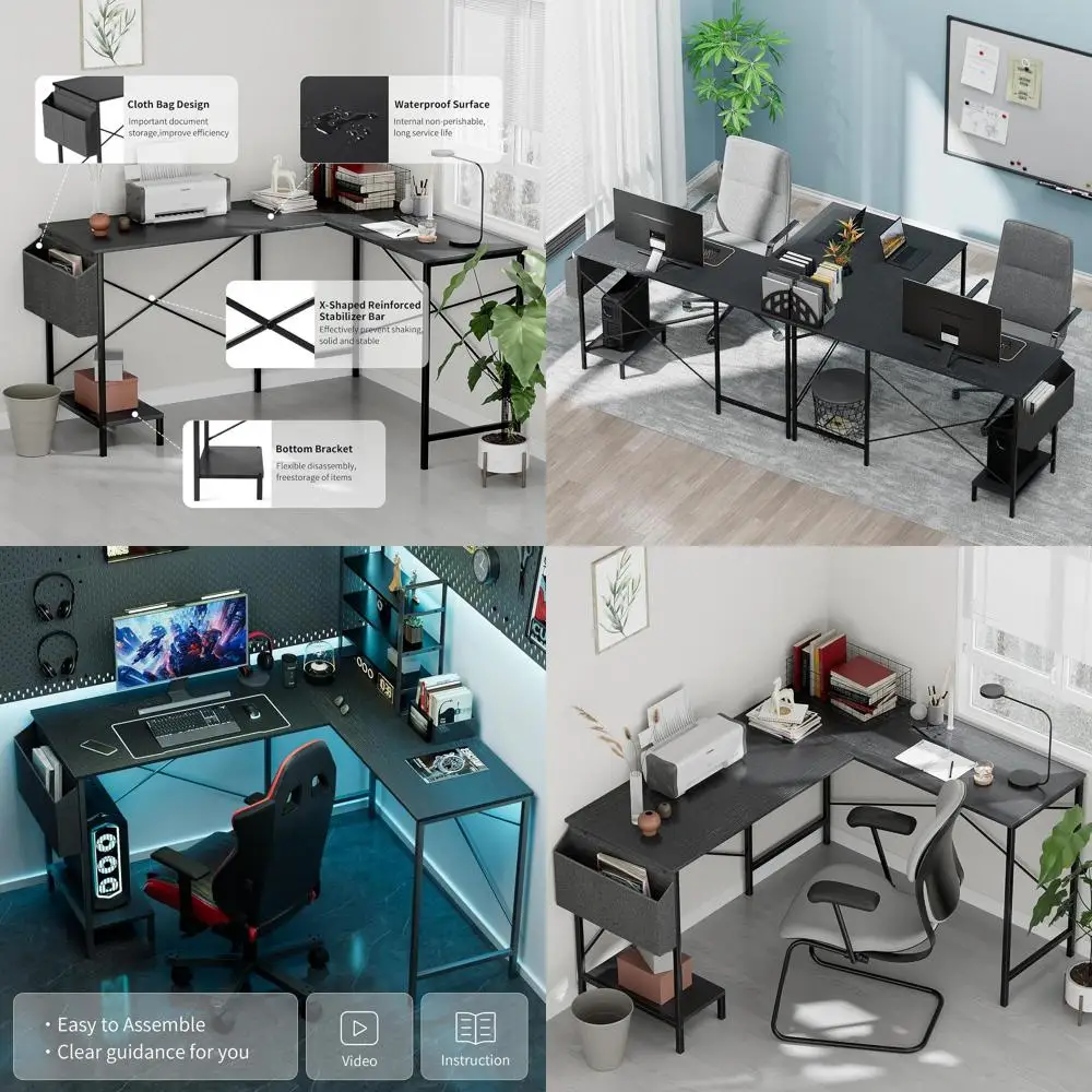 

Реверсивный L-образный стол 50-в-1: деревянная столешница, металлический каркас, боковой карман, прочный, для домашнего офиса, игр, письма, учебы - экономия пространства