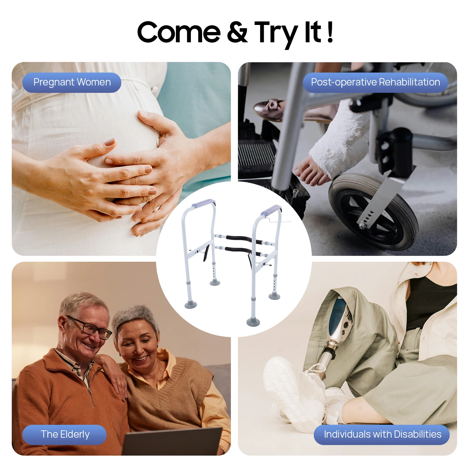 Guide di sicurezza per WC, carico da 330 libbre, lunghezza regolabile in altezza, piedini filettati in acciaio al carbonio per anziani, incinti, disabili, bagno