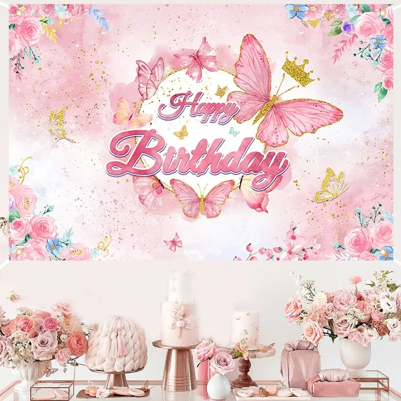 Pink Purple Butterfly Flowers Birthday Backdrop, Flower Crown Photography for Fairy Princess Girl Birthday Baby Shower Decor