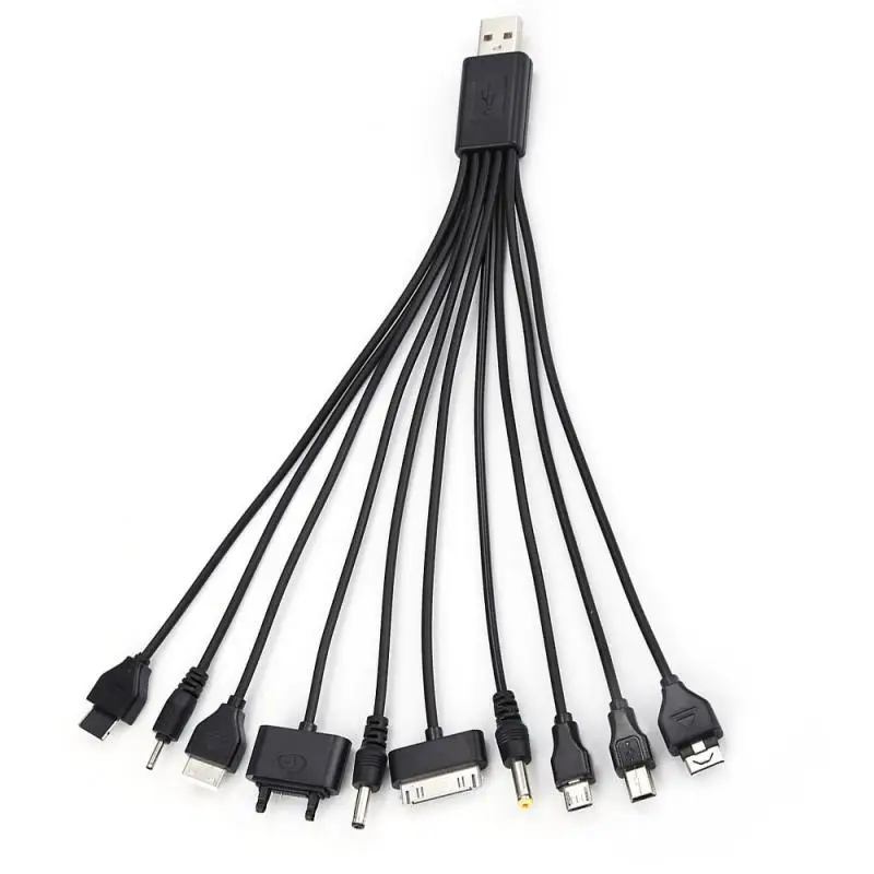 New Useful Black 10 In 1 USB 2.0 Version Multi Portable Charger Mobile Phone Cable Universal A Male To Multi Plug Charger Cable