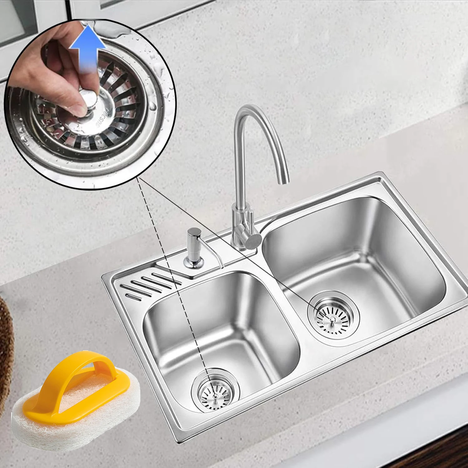 2pcs Kitchen Sink Strainer Stoppers and 1pc Sink Cleaning Cloth, Drain Plug, Sink Filter, Kitchen Floor Drain Tool