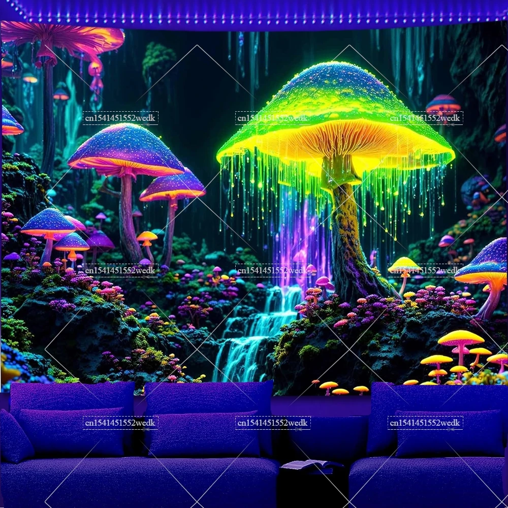 Mushroom Forest Blacklight Tapestry UV Reactive Glowing Plant Landscape Black Light Tapestrys Aesthetic Wall Art Neon Backdrops