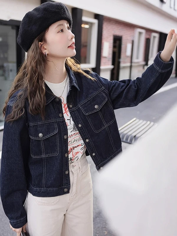 

Retro Collar Denim ort Jaet Women's Spring Autumn New Sle Faionable Loose Casual Top Coat Polyester Fiber