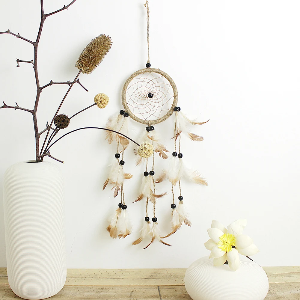 Feather Dream Catcher Pendant Hand-woven Home Pendant Art Crafts Romantic Creative Handmade Wood Beads Twine for Girlfriend Gift