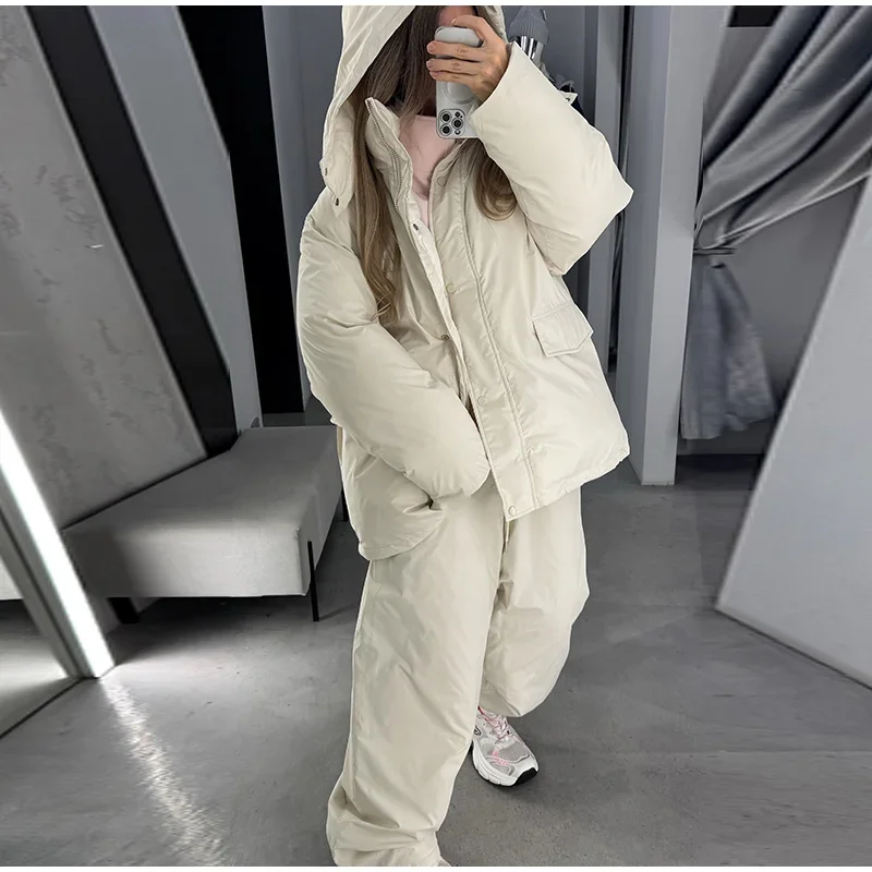 Damen-Winterhosen-Sets, Kapuzenjacken mit langen Ärmeln und Reißverschluss, übergroße, wattierte Jacken, Hosen mit weitem Bein, Herbst-Outfits für Damen, einfarbig, locker geschnitten. – Detail 8