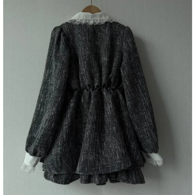 

Новое модное твидовое платье 2026 года с кружевной отделкой, воротником «Питер Пэн», завышенной талией, приталенное, короткое, с длинными рукавами, для девочек