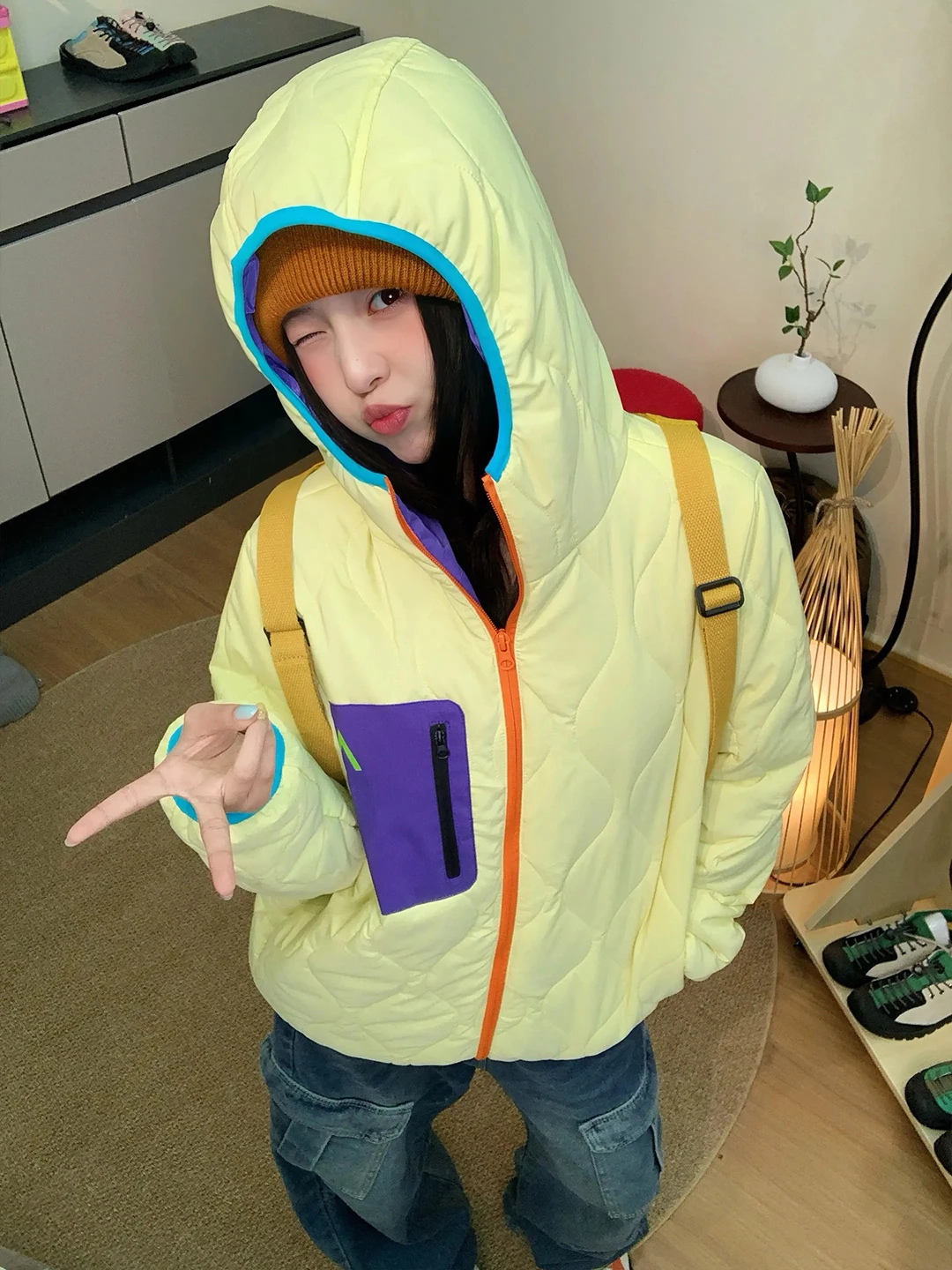 Fluorescente een à prova de vento impermeável contraste cor com capuz algodão Jaet masculino e feminino inverno quente ao ar livre leve...