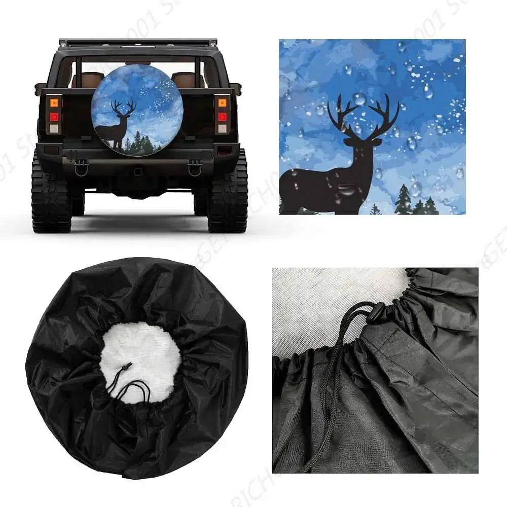 Deer Silhouette Spare Tire Cover Blue Star Sky Jungle Prey Animal Nature Art Weatherproof Universal Wheel Protectors Camper