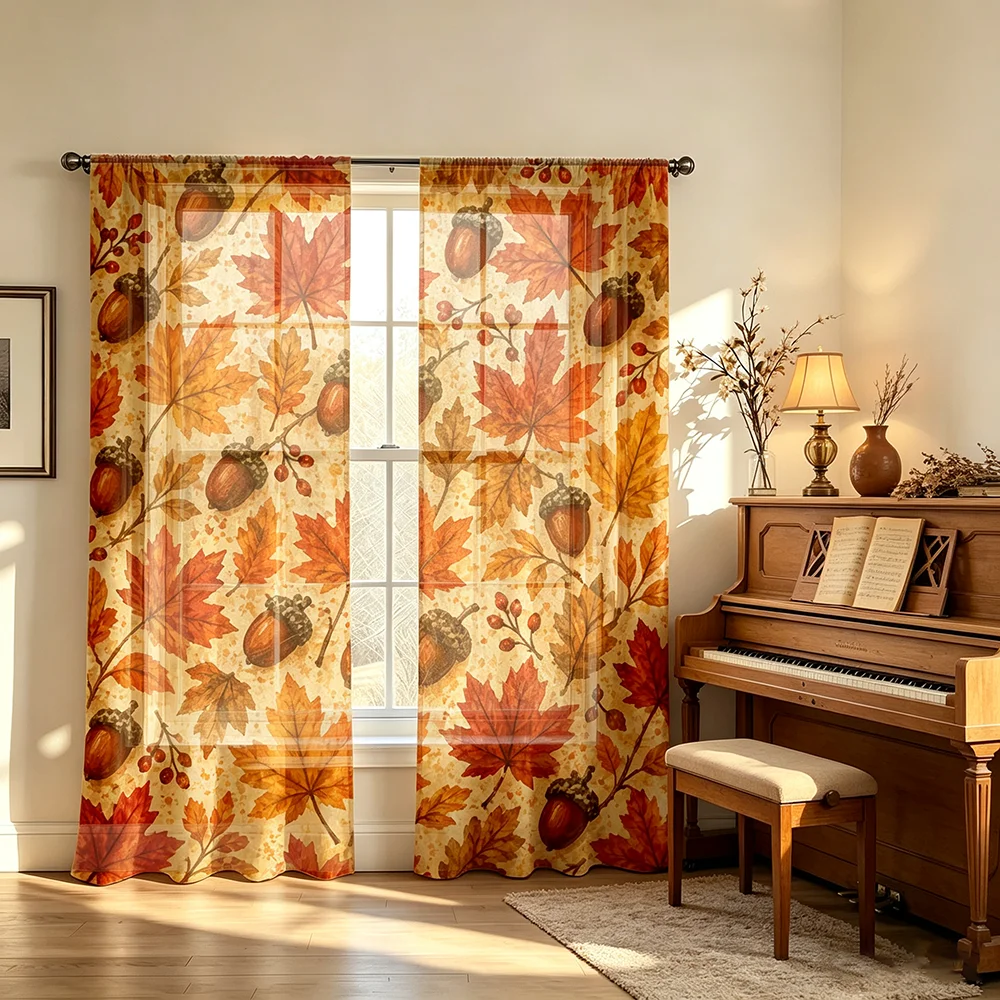 2PCS Digital Print Sheer Curtains Retro Autumn Maple Leaf Acorn Berry Print Farmhouse A&B Sheer Window Curtains