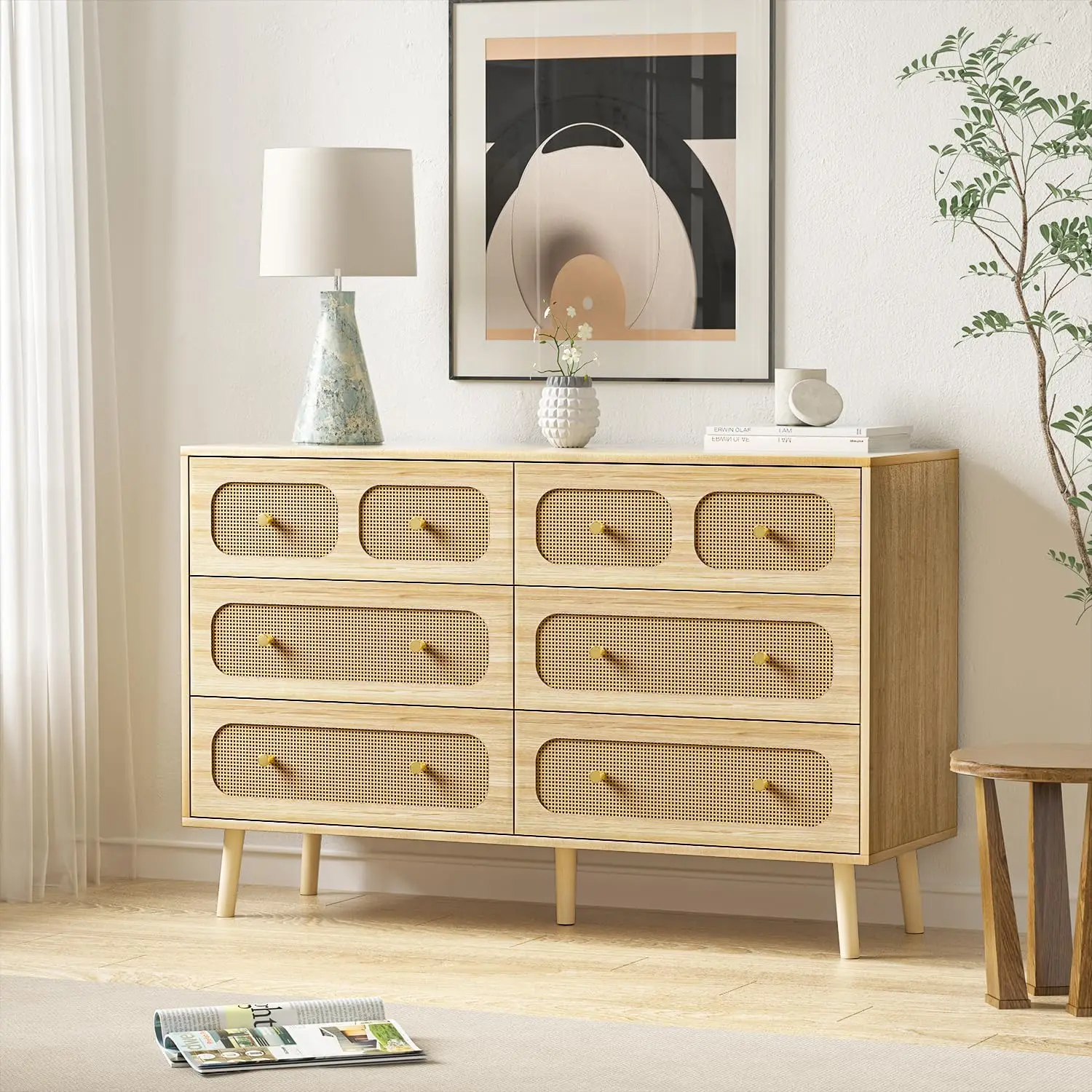 Rattan Dresser for Bedroom, Modern 6 Drawer Double Dresser with Gold Handles, Natural Wood Storage Dressers & Chests of Drawers