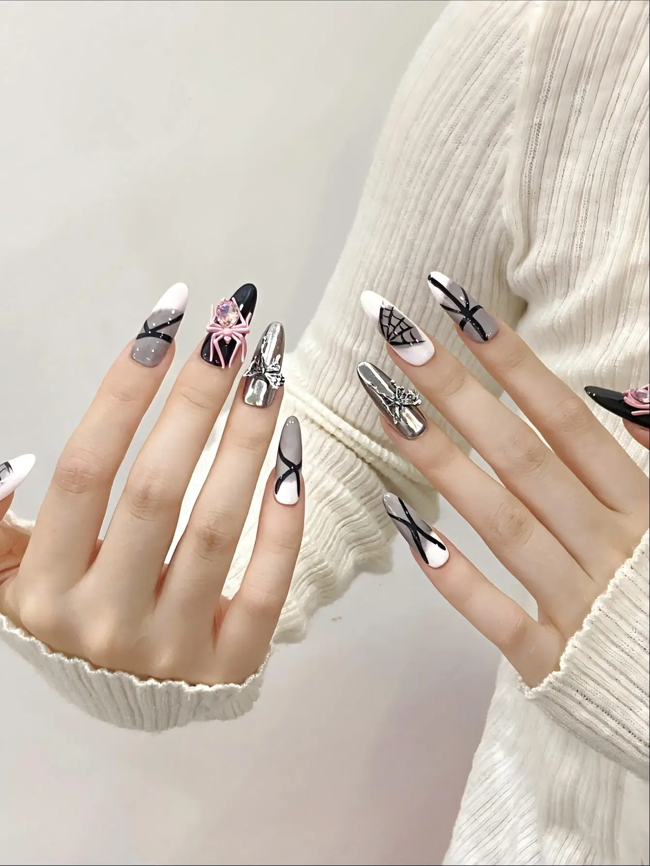 10PCS Handmade Press On Nails,Halloween Personality Funny Pink Spider Punk Style,Suitable For Parties And Daily Wear.