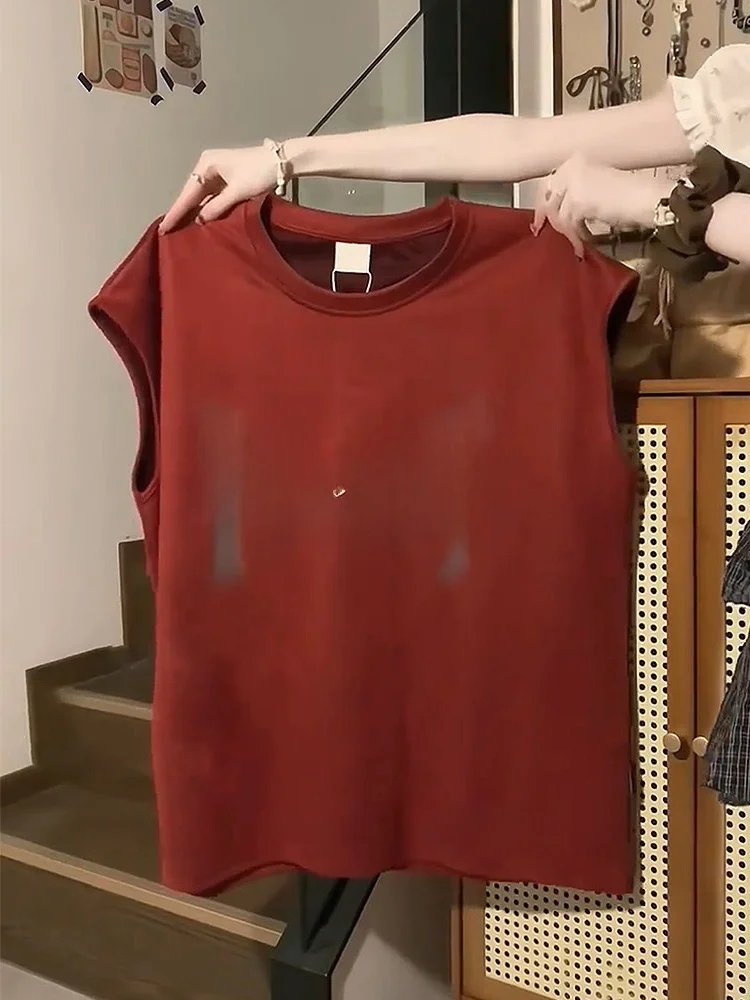 

Street Sle Loose Fit Red Svel T-irt Women's Summer Casual Versatile Outerwear Tank Top Comfortable Breathable