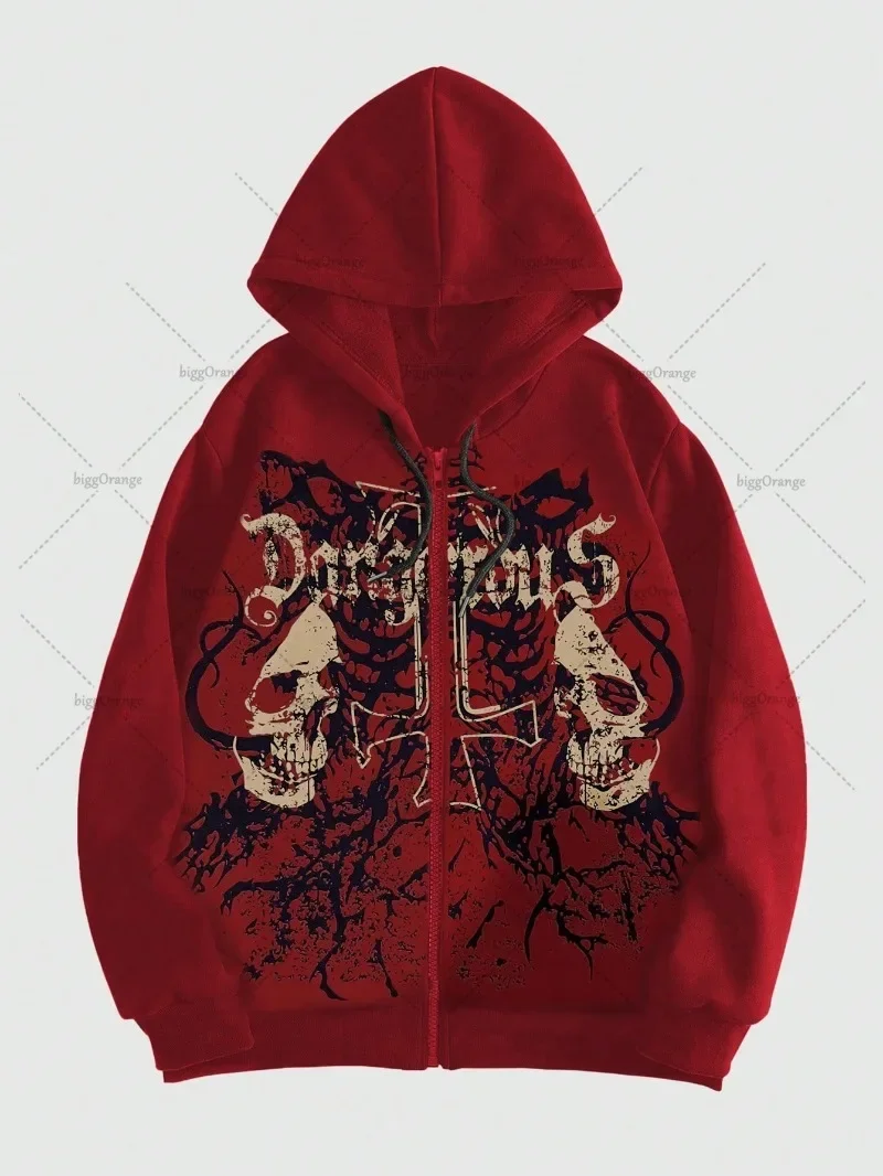 الهيب هوب الشرير الصخرة الشارع الشهير القوطية Harajuku الجمجمة الجرافيك قلنسوة بسحاب الرجال خمر العصرية الرجعية عادية المتضخم البلوز