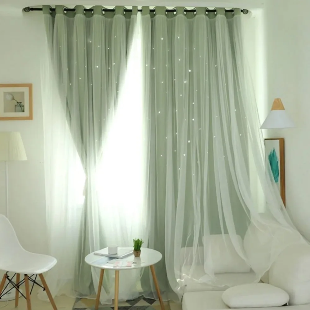 

Hollow Star Thermal Insulated Blackout Curtain for Living Room, Bedroom Window Drape Blinds Stitched with White Voile