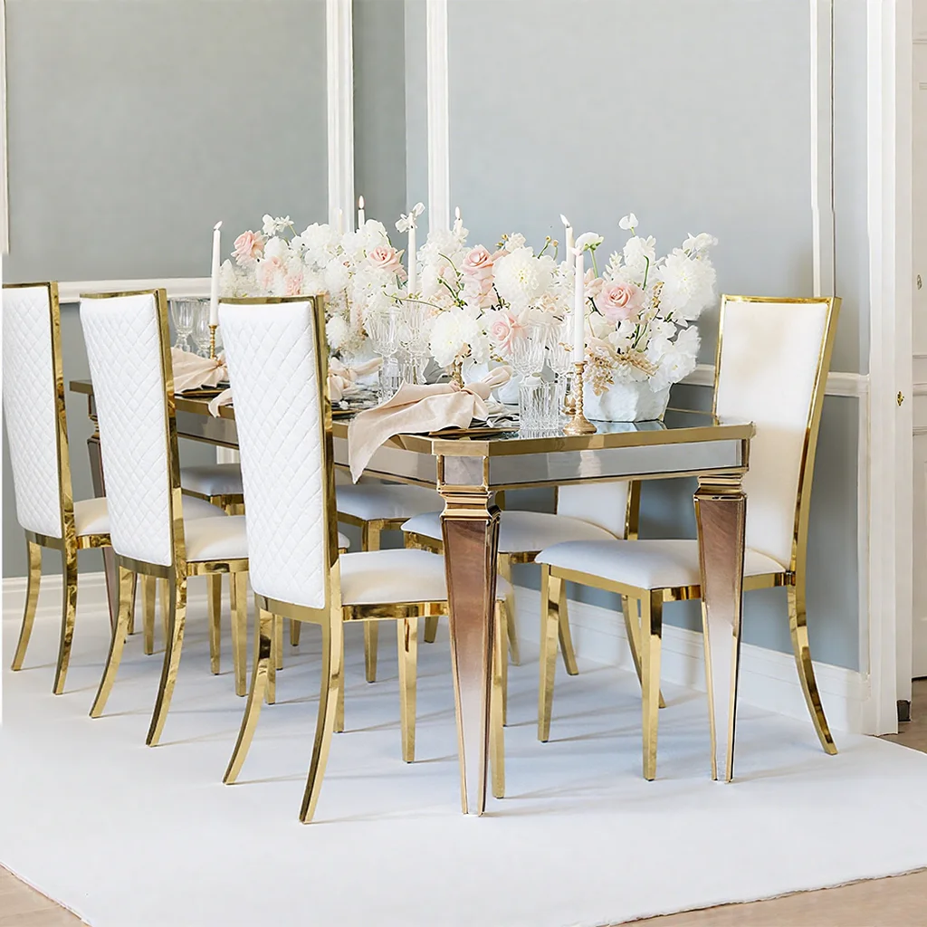 30pcs Wholesale Luxury Furniture Gold Stainless Steel Stacking Leather Event Banquet Wedding Tables Chair for Hotel