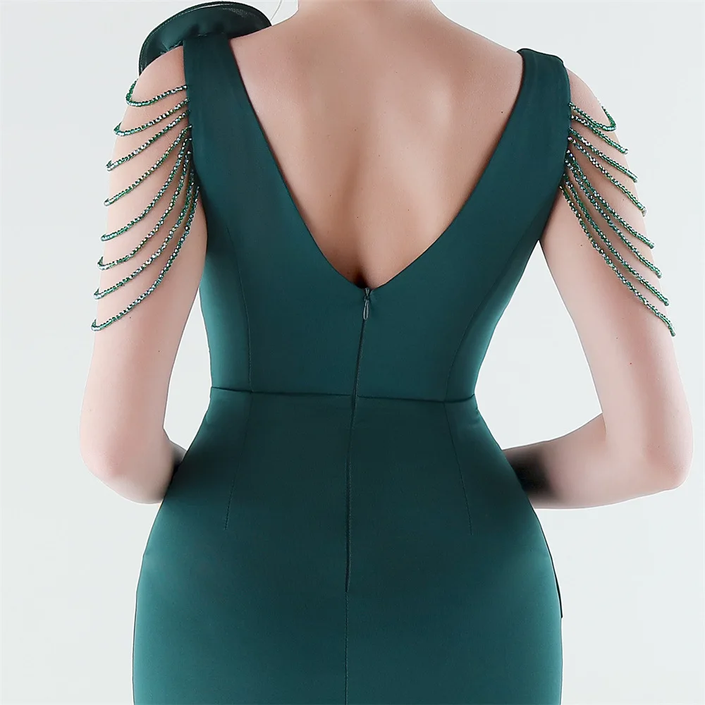 DEERVEADO Vestidos de noite sereia com decote em V e miçangas Vestido formal elegante feminino para ocasiões especiais Vestidos maxi de festa de baile