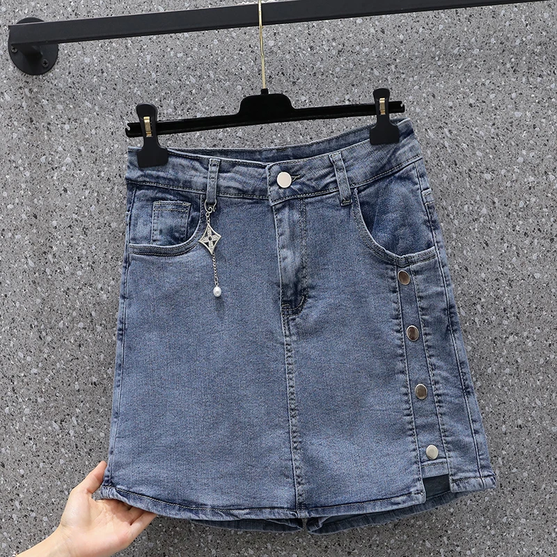 

High Waist plus Size Denim Skirt Women's Summer A-Line Wrap Bodycon Skirt Fake Two-Piece Loose Fit Polyester Fiber